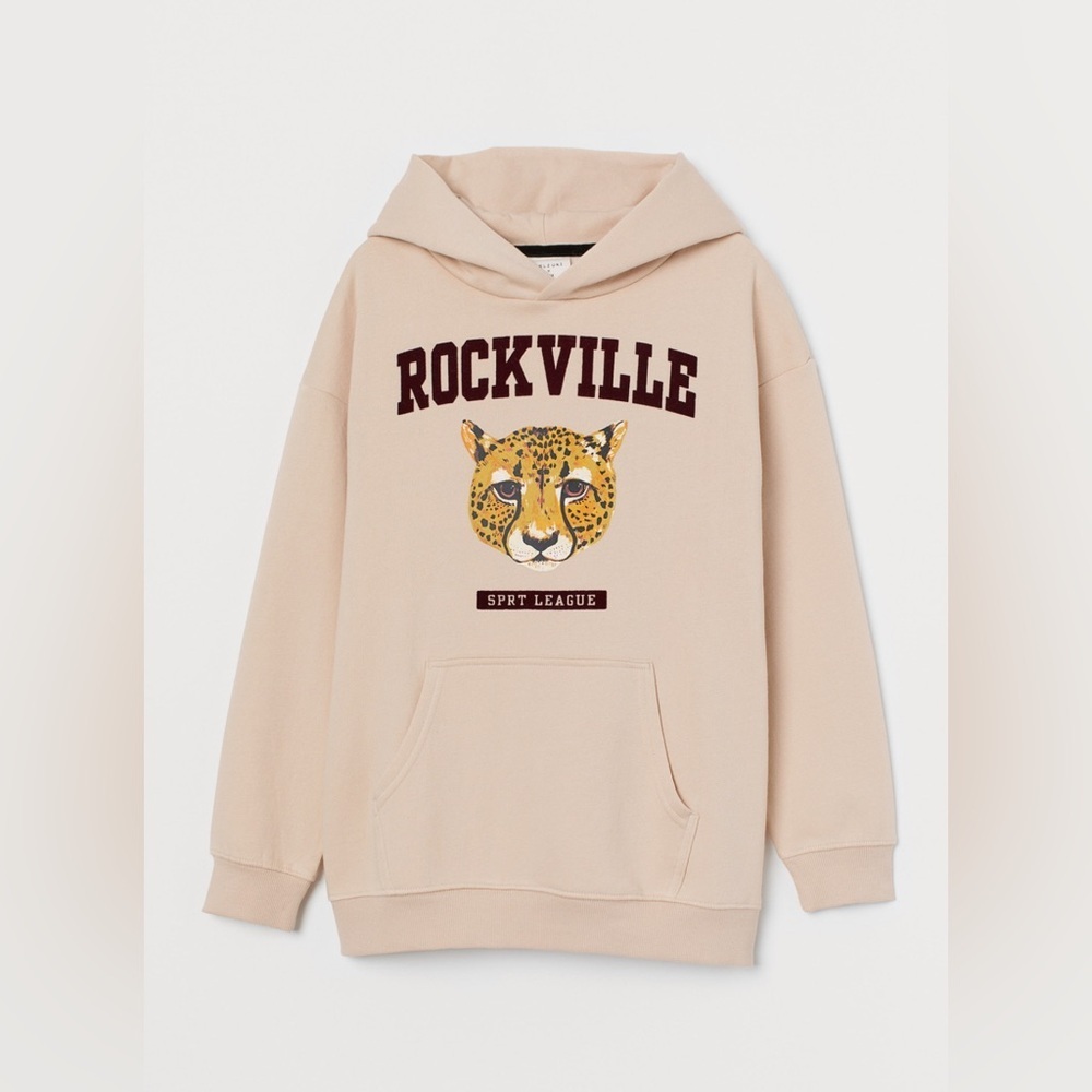 Kelzuki x H&M Flock-print hooded top in light beige with a leopard print